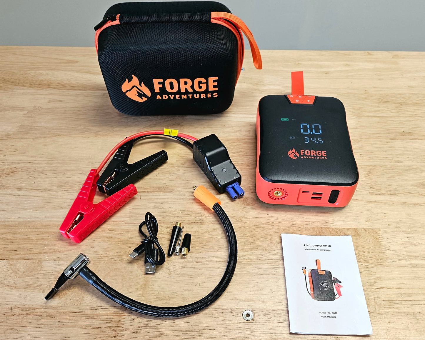 Forge Adventures 4 in 1 Portable Tire Pump and Jump pack with work light