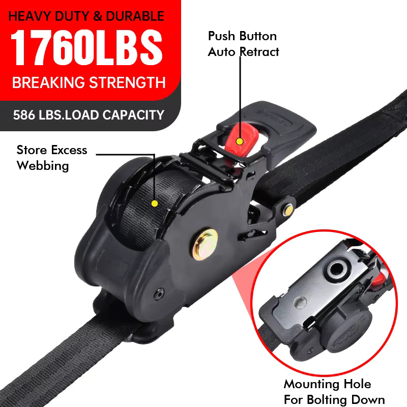Automatic Ratchet Strap Retractable 1" X 10ft 800kg Motorcycle Tie Down Strap