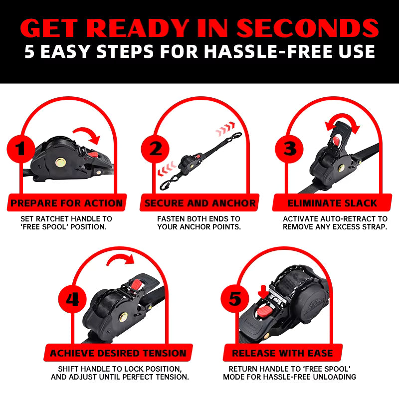 Automatic Ratchet Strap Retractable 1" X 10ft 800kg Motorcycle Tie Down Strap