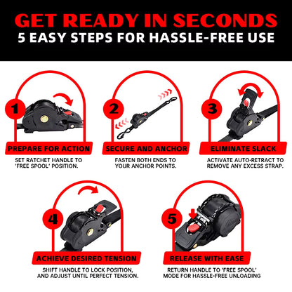 Automatic Ratchet Strap Retractable 1" X 10ft 800kg Motorcycle Tie Down Strap