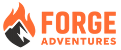 Logo of Forge Adventures with a flame and mountain design on a white background